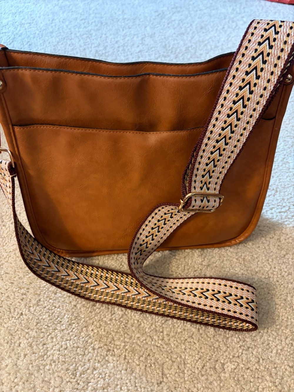 Women’s Tan Vegan Leather Crossbody/Shoulder Bag with Adjustable Guitar Strap